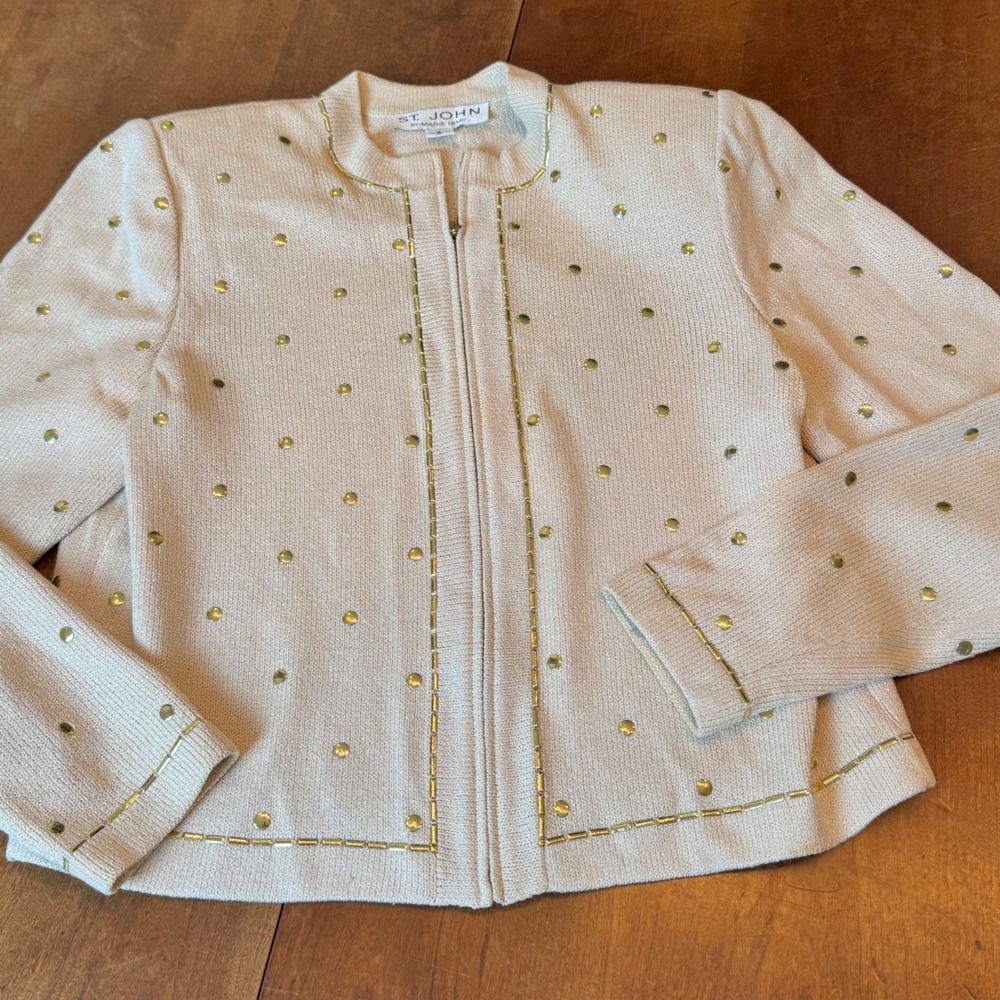 VTG St. John Suit Jacket 6 Skirt 8 Women Beige Studded Santana Knit Zi - Picture 8 of 14